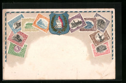 AK Guatemala, Briefmarken Und Wappen  - Briefmarken (Abbildungen)