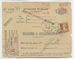 FRANCE SEMEUSE 25C BISTRE EMA 1FR50 B 0306 DEVANT VALEURS  A RECOUVRER ROUEN RP 21 SEPT 1932 - EMA (Print Machine)