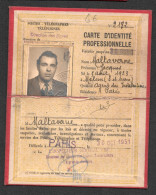 1951 CARTE D'IDENTITE PROFESSIONNELLE POSTES TELEGRAPHES TELEPHONES / LIGNES SOUTERRAINES  / PTT F138 - Historical Documents