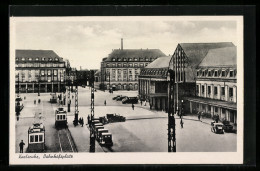 AK Karlsruhe, Bahnhof Mit Bahnhofsplatz, Strassenbahn  - Karlsruhe