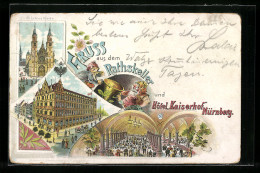 Lithographie Nürnberg, Hôtel Kaiserhof, Inneres Gasthaus Ratskeller, St. Lorenz Kirche  - Nuernberg