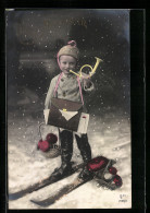 AK Kleiner Junge Mit Posthorn Auf Skiern, Neujahrsgruss  - Sport Invernali