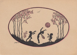 Silhouette Fairy & Elves Playing W Ball Old Postcard Signed Elly Frank - Scherenschnitt - Silhouette