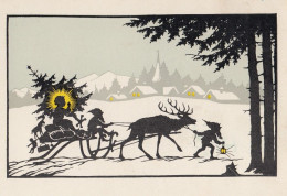 Silhouette Dwarfs Gnomes Deer Sled Christmas Tree Old Postcard - Siluette