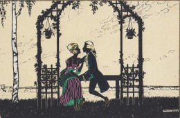 Silhouette Couple In Garden Art Deco Old Postcard Signed Manni Grosze 1927 - Silueta