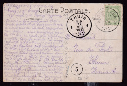 DDFF 663 -- Carte-Vue TP Armoiries (pd) T4R OOSTENDE 5 En 1911 Vers T4R THUIN 1 - COBA 30 EUR S/TP Détaché - 1893-1907 Coat Of Arms