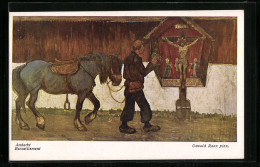 Künstler-AK Andacht, Mann Mit Seinem Pferd An Einem Flurkreuz  - Chevaux
