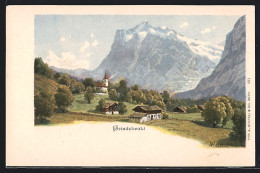 Künstler-AK Grindelwald, Teilansicht Mit Kirche Und Gebirge  - Grindelwald