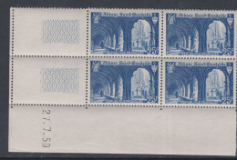 France  N° 842 XX  Abbaye De S-Wandrille En Bloc De 4 Coin Daté Du 27 / 7 / 50 ;  Sans Charnière, TB - 1940-1949