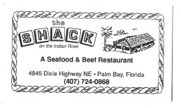Florida Palm Bay The Shack Seafood & Beef Restaurant Etiquette Visitekaartje J. - Cartes De Visite