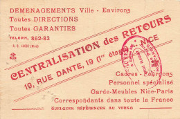 Nice * Déménagements Centralisation Des Retours , 19 Rue Dante * Carte De Visite Ancienne Publicitaire - Autres & Non Classés