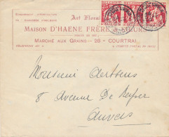 BELGIQUE - 3 TIMBRES SUR ENVELOPPE MAISON D HAENE HORTICULTURE AVEC CAD KORTRIJK DU 25 SEPTEMBRE 1933 POUR ANVERS - Covers & Documents