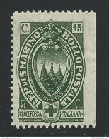 1923 SAN MARINO, N° 92a  15c. + 5c. Verde Scuro  MNH/** RARA VARIETA - Errors, Freaks & Oddities (EFO)