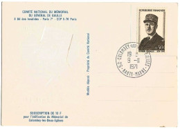 CP  - Comité National Du Mémorial Du Gal. De Gaulle -Colombey Les 2 Églises (Haute Marne) 09-11-1971 - Cartas & Documentos