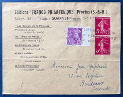 FRANCE 16 Juil 1940 Poste Provisoire De PROVINS Lettre Mercure N°410 & 278B Obl Griffe "PROVINS (S Et M)/ Zone Occupée.. - 1906-38 Säerin, Untergrund Glatt