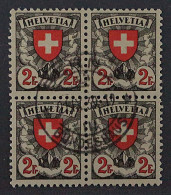 SCHWEIZ VIERERBLOCK (SBK 166z), 2 Fr.Papier Geriffelt, ZentrumStempel, 275,-SFr - Usados