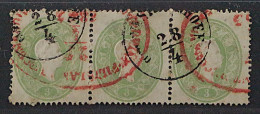 1861, ÖSTERREICH 19 DREIERSTREIFEN Stempel ROT + Schwarz, SELTEN, Geprüft 570,-€ - Usados