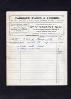 PARIS - Facture 1927 - FABRIQUE D'ARCS & FLECHES - Mme Vve CABARET - 1900 – 1949