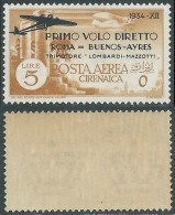 1934 CIRENAICA POSTA AEREA ROMA BUENOS AYRES 5 LIRE GOMMA BICOLORE MNH - P41-2 - Cirenaica