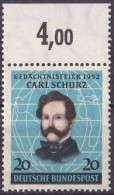 # (155) BRD 1952 100. Jahrestag Der Landung Von Carl Schurz In Amerika OBERRAND **/MNH (A-2-10) - Neufs