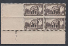 France N° 389 XX Arc Triomphe Orange En Bloc De 4 Coin Daté Du 10 . 11 . 38 ; Sans Charnière,qq Dents Détachées Sinon TB - 1930-1939