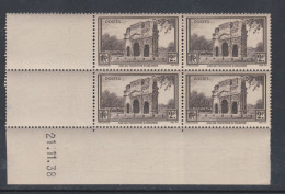 France N° 389 XX Arc Triomphe Orange En Bloc De 4 Coin Daté Du 21 . 11 . 38 ; Sans Charnière, TB - 1930-1939