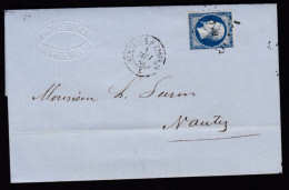 Un Timbre N° 14 Napoléon III  Bleu Foncé    20 C   Sur   Lettre   Destination  Nantes  Année 1856 - 1853-1860 Napoleon III