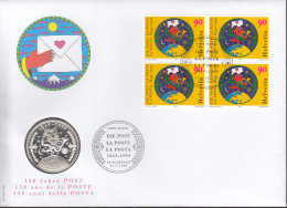 SCHWEIZ Numisbrief Mit Amtlicher 20 SFr Silbermünze, 1999, Stempel Basel, Marke Mi.Nr.1672 4erBlock, 150 Jahre Post - Covers & Documents