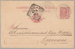 1908 CARTOLINA POSTALE ANNULLO NATANTE LOCARNO ARONA + ANNULLO TONDO RI QUADRATO VIGEVANO - Novara