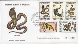 Mauritanie 1969 Y&T 263 à 267 Sur FDC. Reptiles Et Sauriens. Serpent : Naja, Python, Vipère. Crocodile, Varan - Snakes