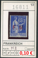 Frankreich 1937 - France 1937 - Francia 1937 -  Michel M 8 / F.M. - * Mh Charn. - Military Postage Stamps