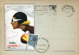 X0142 Italia Special Card And Postmark 1957 Catania Woman Ski Slalom Showing The Volcano Etna,vulkan,geology - Volcans