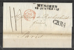 Allemagne -1845 -  Correspondance CBR4 München Entrée En Rouge Bavière Par Strasbourg  >>> Rothschild Paris. - Marques D'entrées