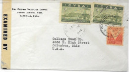 Cuba EXAMINED Airmail Letter 1944 Cardenas To Columbus USA - Covers & Documents