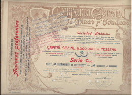 COMPAGNIE GENERAL DES MINES DE SONDEOS -BARCELONNE -ESPAGNE -ACTION DE 50 PESETAS -ANNEE 1905 - Mijnen