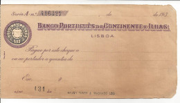 PORTUGAL CHECK BANCO PORTUGUÊS DO CONTINENTE E ILHAS, 1930'S SCARCE - Chèques & Chèques De Voyage