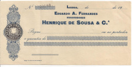 PORTUGAL CHECK BANCO EDUARDO A. FERNANDES, SUCESSORES HENRIQUE DE SOUZA &CIA, LISBOA , 1920'S SCARCE - Assegni & Assegni Di Viaggio