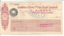 PORTUGAL CHECK BANCO LONDON AND RIVERPLATE BANK LTD. LISBOA , 1910'S SCARCE!!! - Assegni & Assegni Di Viaggio