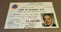 Carte De Secouriste De La Protection Civile 1980 - Ministère De L'intérieur - Service National - Etablie à Lille - Membership Cards