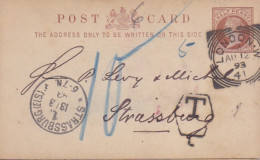 CP Entier Half Penny Brun "Victoria" Obl. Carrée London Le 12 AU 93 Pour Strasbourg + Taxe 10 - Interi Postali