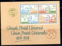 MALTA 1974 UPU CENTENARY CENTENARIO BLOCK SHEET BLOCCO FOGLIETTO MNH - Malta