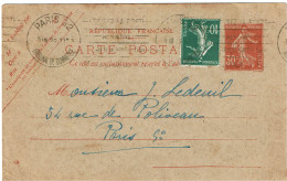 PP15 - FRANCE CP SEMEUSE CAMEE 30c DATE 128 + COMPL.T PARIS POUR VILLE 30/8/1926 - Cartes Postales Types Et TSC (avant 1995)