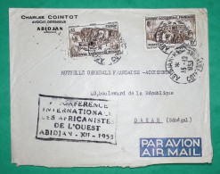 LETTRE PAR AVION ABIDJAN COTE D'IVOIRE AOF CONFERENCE INTERNATIONALE DES AFRICANISTES DE L'OUEST POUR DAKAR SENEGAL 1953 - Storia Postale