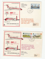 2 Diff 1975 FIRST FLIGHT Covers DAN AIR Isle Of Man To GB Aberdeen Tees Side  Aviation Cover Stamps - Isola Di Man