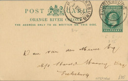 1911 ORANGE RIVER COLONY , ENTERO POSTAL CIRCULADO , FOURIESBURG , LLEGADA , MEDIO PENIQUE - Oranje Vrijstaat (1868-1909)