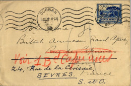 1938 AFRICA DEL SUR , DURBAN - SEVRES , SOBRE CIRCULADO A PARIS Y REDIRIGIDO A SEVRES , LLEGADA AL DORSO - Storia Postale