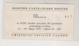 YUGOSLAVIA,1957 ZAGREB Stamp Expo Ticket HFD - Briefe U. Dokumente