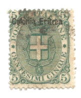 (COLONIE E POSSEDIMENTI) 1910-14, ERITREA, SOPRASTAMPATI, 5c - 1 Francobollo Usato (CAT. SASSONE N.3) - Erythrée