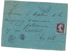 75 PARIS Devant Lettre Recommandée Cachet Manuel S/ Semeuse YT142  Seul Sur Lettre  Cachet De Facteur Rond N°107 (1115) - 1906-38 Semeuse Camée