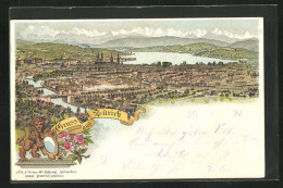 Lithographie Zürich, Panoramablick Auf Die Stadt  - Autres & Non Classés